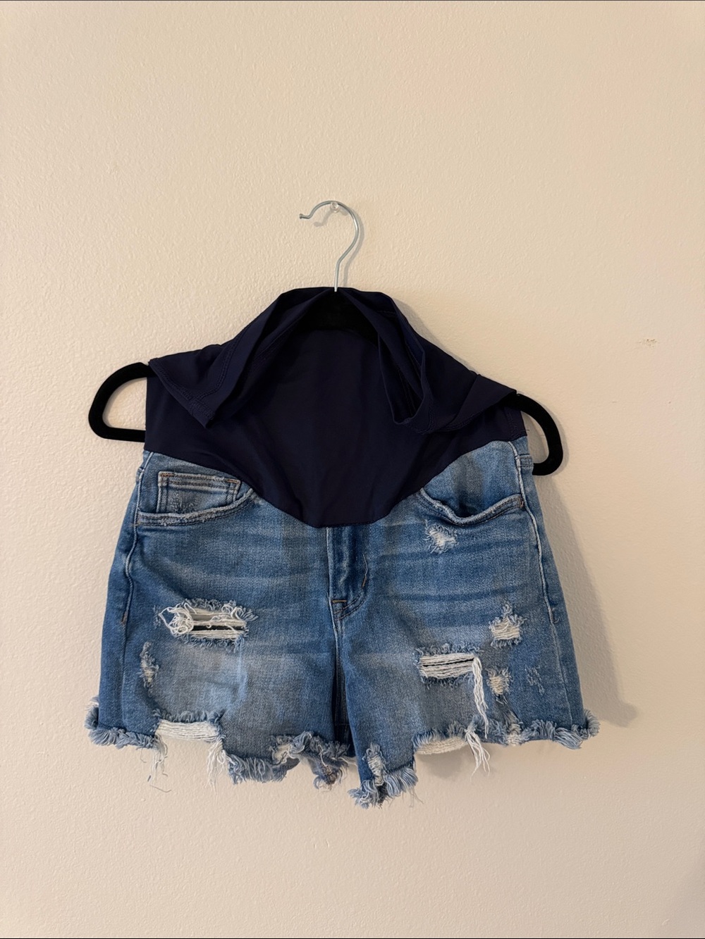 Pinkblush Navy & Light Blue Distressed Maternity Denim Shorts size S